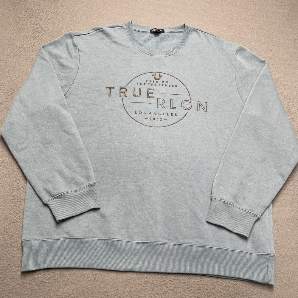 True Religion Sweatshirt Mens 3XL‎ Blue Pullover Fleece Graphic Crewneck